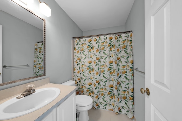 full bath with vanity, tile patterned flooring, toilet, and a shower with shower curtain