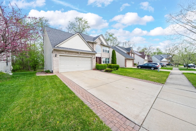 view of front of house featuring roof with shingles, a front yard, a garage, brick siding, and concrete driveway