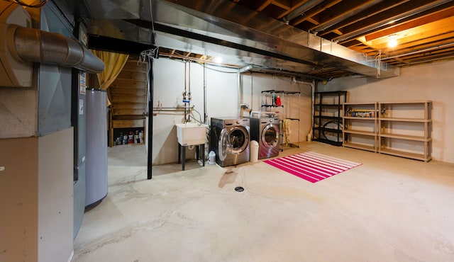 unfinished below grade area featuring separate washer and dryer, heating unit, and water heater