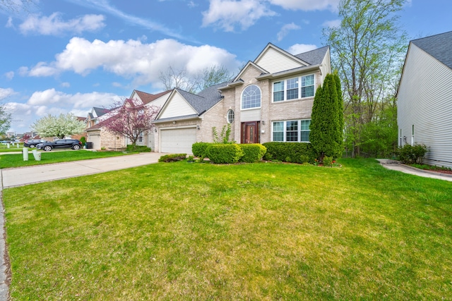 view of front of house with brick siding, a garage, a front yard, and concrete driveway