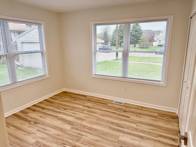 spare room with baseboards, light wood finished floors, and plenty of natural light
