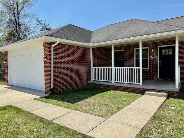ranch-style house with roof with shingles, an attached garage, driveway, a porch, and brick siding