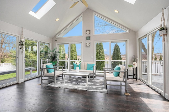 5591 Pioneer Ave, Saint Joseph, MI 49085 - sunroom / solarium featuring a skylight, high vaulted ceiling, and a healthy amount of sunlight