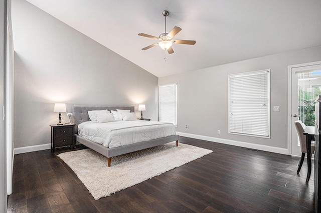 5591 Pioneer Ave, Saint Joseph, MI 49085 - bedroom with dark wood-style floors, visible vents, baseboards, high vaulted ceiling, and ceiling fan