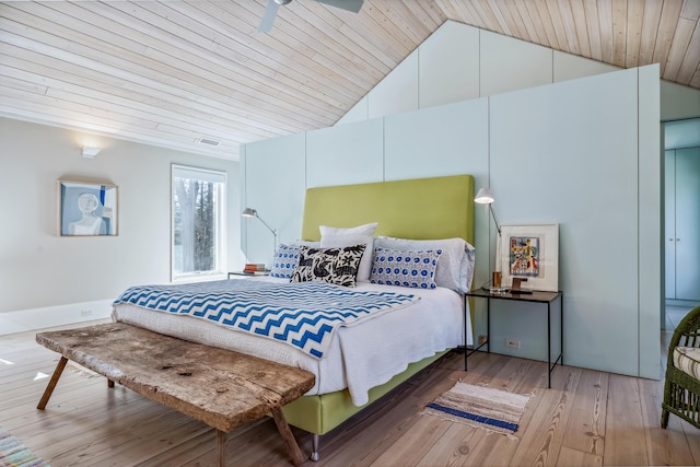 bedroom with visible vents, lofted ceiling, hardwood / wood-style floors, and wooden ceiling