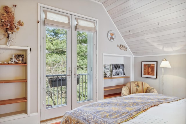 bedroom featuring vaulted ceiling, wooden ceiling, and access to exterior