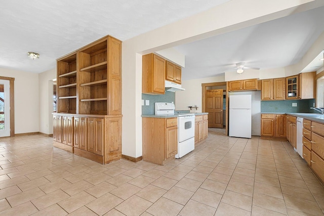 kitchen featuring a ceiling fan, white appliances, open shelves, under cabinet range hood, and light tile patterned floors