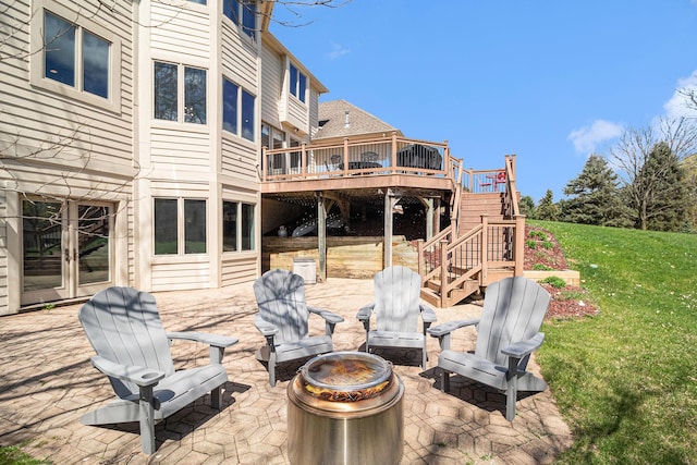 9037 Yorkshire Dr, Saline, MI 48176 - view of patio featuring a fire pit, a wooden deck, stairs, and french doors