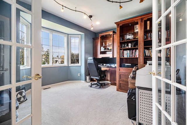 9037 Yorkshire Dr, Saline, MI 48176 - home office featuring carpet floors, visible vents, baseboards, and french doors
