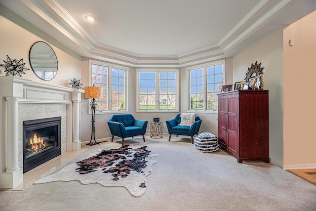 9037 Yorkshire Dr, Saline, MI 48176 - sitting room featuring carpet, a fireplace, crown molding, and a raised ceiling