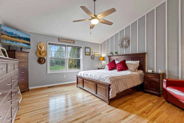 6240 Northridge Hills Dr, Brighton, MI 48116 - bedroom featuring light wood-type flooring, baseboards, ceiling fan, and lofted ceiling