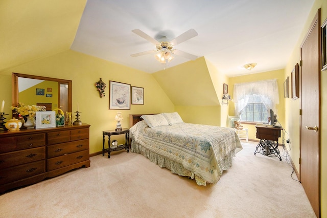 10500 Woodland Dr, Jerome, MI 49249 - bedroom with vaulted ceiling, light colored carpet, and a ceiling fan