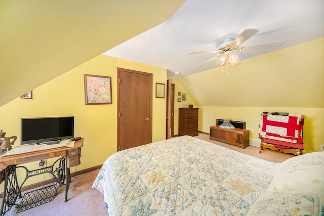 10500 Woodland Dr, Jerome, MI 49249 - bedroom with a ceiling fan, a closet, carpet floors, baseboards, and lofted ceiling