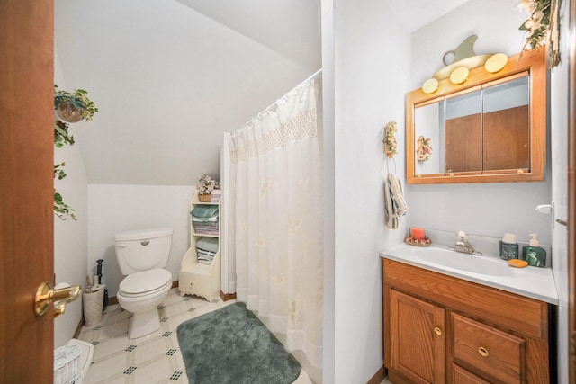 10500 Woodland Dr, Jerome, MI 49249 - full bath with lofted ceiling, vanity, curtained shower, and toilet