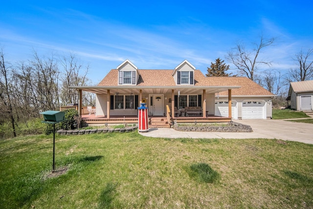 10500 Woodland Dr, Jerome, MI 49249 - view of front of property featuring concrete driveway, a porch, roof with shingles, a front yard, and a garage