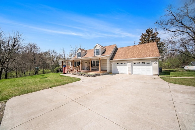 10500 Woodland Dr, Jerome, MI 49249 - cape cod house featuring driveway, covered porch, an attached garage, a shingled roof, and a front yard