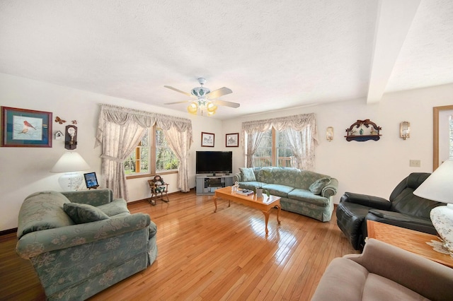 10500 Woodland Dr, Jerome, MI 49249 - living area featuring light wood-type flooring, a wealth of natural light, a textured ceiling, and ceiling fan