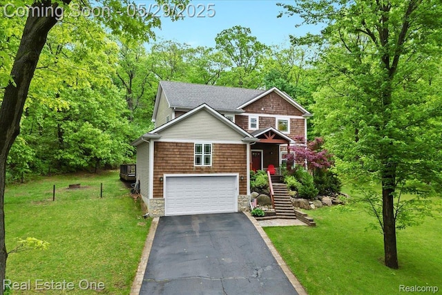 9327 Van Antwerp Rd, Brighton, MI 48116 - craftsman inspired home with a front yard, an attached garage, asphalt driveway, and stairs