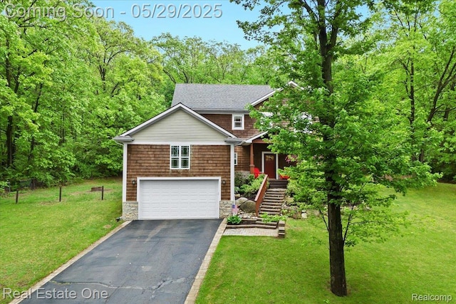 9327 Van Antwerp Rd, Brighton, MI 48116 - view of front of house with stairs, a garage, stone siding, driveway, and a front lawn