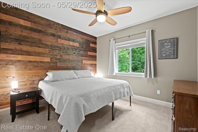 9327 Van Antwerp Rd, Brighton, MI 48116 - bedroom featuring wood walls, baseboards, light carpet, and a ceiling fan
