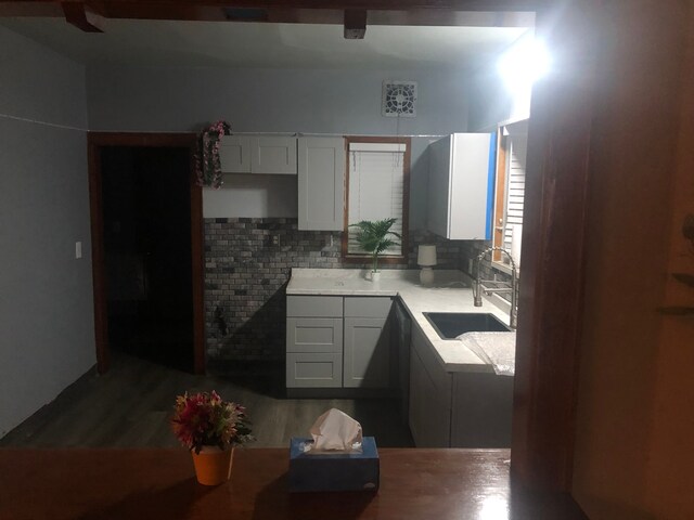kitchen featuring backsplash, light countertops, wood finished floors, and a sink