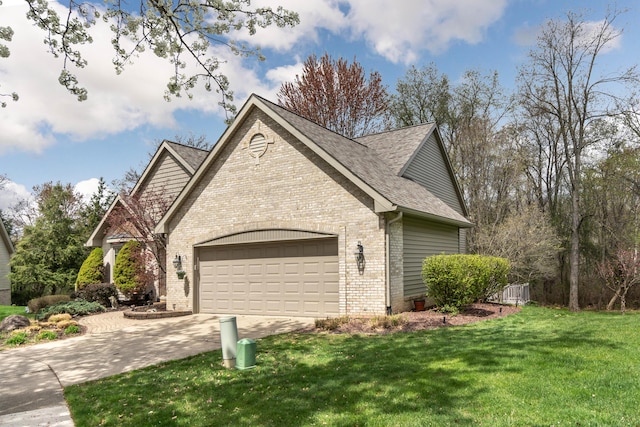 70 Chestnut Ct, Chelsea, MI 48118 - view of property exterior featuring a yard, brick siding, a shingled roof, a garage, and driveway