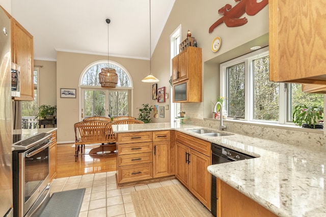 70 Chestnut Ct, Chelsea, MI 48118 - kitchen featuring light stone countertops, light tile patterned floors, appliances with stainless steel finishes, a sink, and crown molding