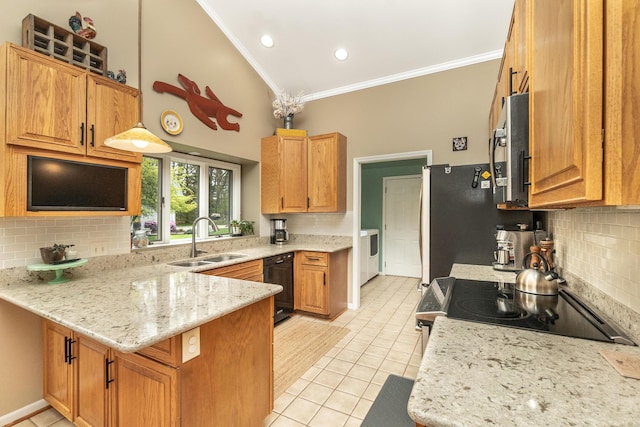 70 Chestnut Ct, Chelsea, MI 48118 - kitchen featuring tasteful backsplash, appliances with stainless steel finishes, a sink, light tile patterned flooring, and crown molding