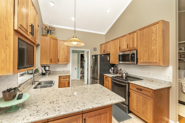 70 Chestnut Ct, Chelsea, MI 48118 - kitchen with light stone counters, tasteful backsplash, crown molding, a sink, and stainless steel appliances