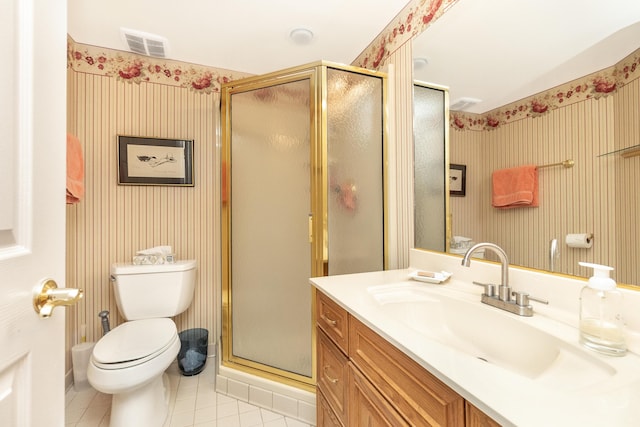 70 Chestnut Ct, Chelsea, MI 48118 - full bathroom with visible vents, wallpapered walls, a stall shower, and tile patterned flooring