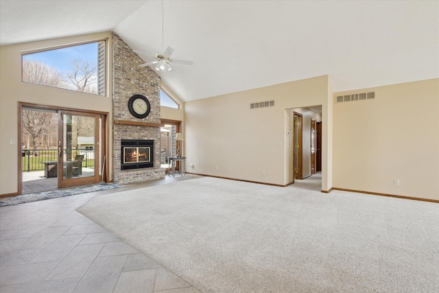6030 Paw Paw Lake Rd, Coloma, MI 49038 - unfurnished living room featuring high vaulted ceiling, ceiling fan, a fireplace, and baseboards