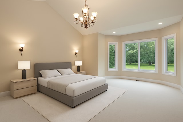 bedroom with recessed lighting, light colored carpet, a chandelier, baseboards, and lofted ceiling