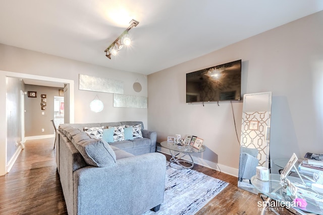 living area featuring baseboards, wood finished floors, and rail lighting