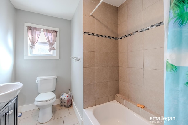 full bath with vanity, shower / bath combination with curtain, baseboards, toilet, and tile patterned flooring