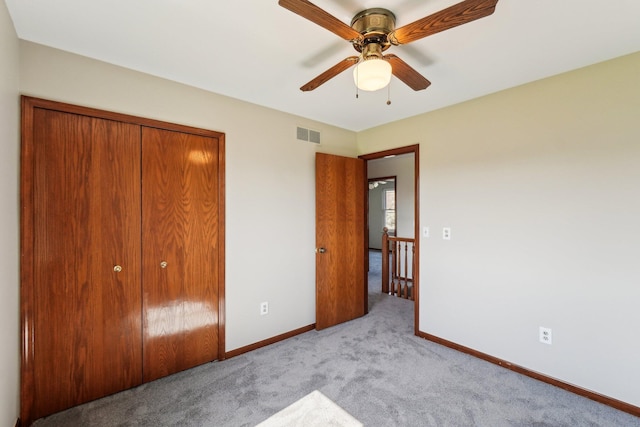 4658 White Pine Ct, Ypsilanti, MI 48197 - unfurnished bedroom featuring baseboards, visible vents, light colored carpet, a closet, and ceiling fan