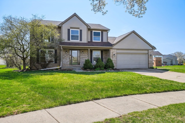 4658 White Pine Ct, Ypsilanti, MI 48197 - traditional-style home featuring roof with shingles, driveway, brick siding, a front yard, and a garage