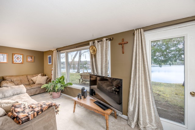 living room with plenty of natural light, baseboards, and carpet floors