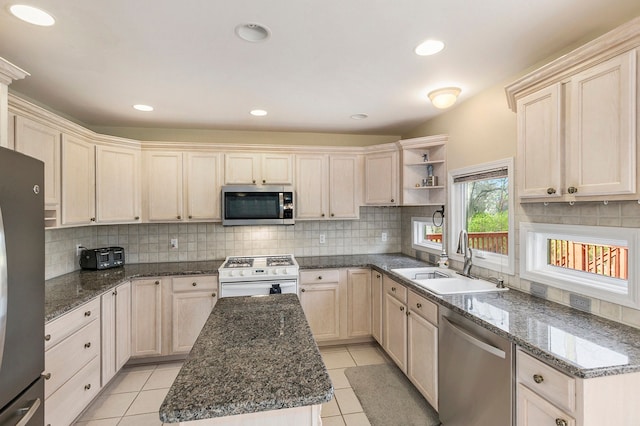 kitchen featuring open shelves, light tile patterned flooring, a sink, backsplash, and stainless steel appliances