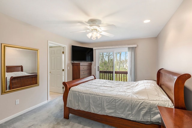 bedroom featuring a ceiling fan, baseboards, access to exterior, and carpet
