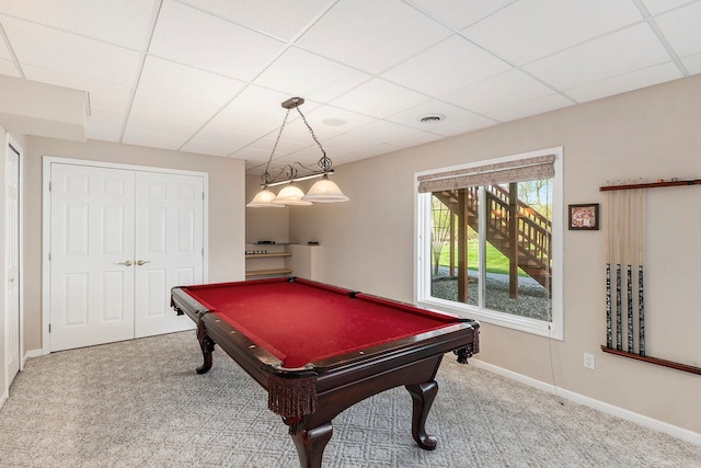 rec room with a drop ceiling, billiards, and carpet