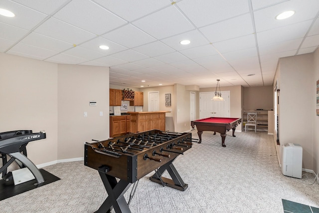 recreation room featuring billiards, carpet flooring, and recessed lighting