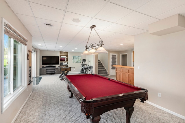 playroom featuring baseboards, billiards, carpet, and a wealth of natural light