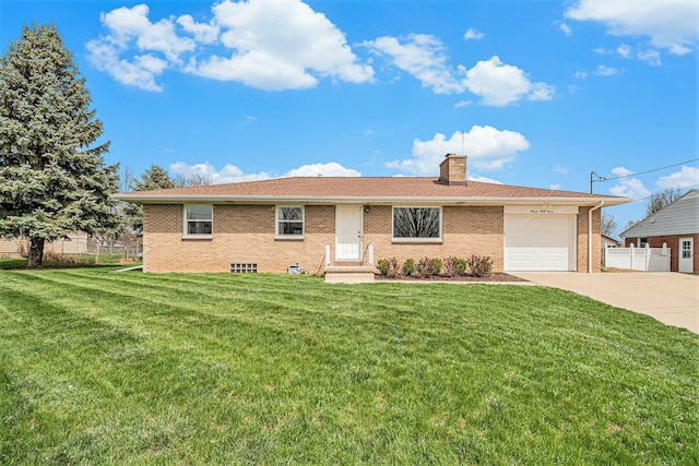ranch-style house with a chimney, concrete driveway, fence, brick siding, and a garage