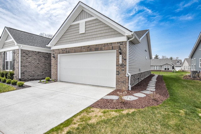 4336 Silica Dr, Lake Orion, MI 48359 - view of home's exterior with brick siding, a garage, central AC unit, concrete driveway, and a lawn
