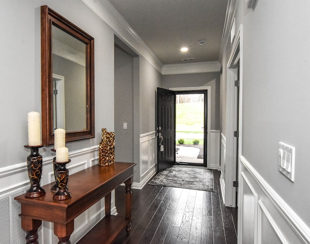 4336 Silica Dr, Lake Orion, MI 48359 - doorway to outside featuring a decorative wall, crown molding, a wainscoted wall, and dark wood finished floors