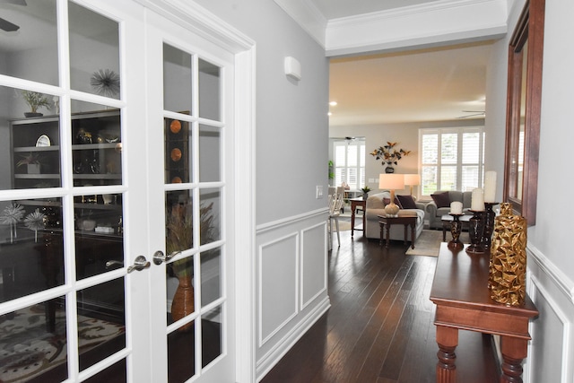4336 Silica Dr, Lake Orion, MI 48359 - hallway with dark wood-style floors, a wainscoted wall, french doors, and a decorative wall