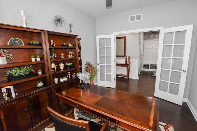 4336 Silica Dr, Lake Orion, MI 48359 - office area with a ceiling fan, visible vents, wood finished floors, and french doors