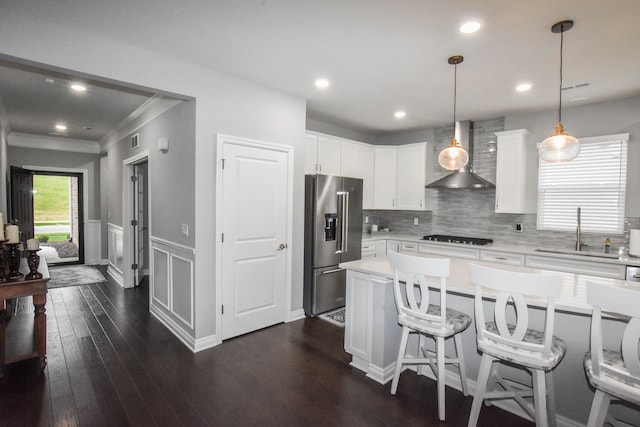 4336 Silica Dr, Lake Orion, MI 48359 - kitchen featuring a sink, decorative backsplash, high quality fridge, wall chimney range hood, and light countertops
