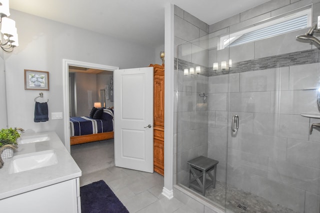4336 Silica Dr, Lake Orion, MI 48359 - full bath featuring a shower stall, double vanity, ensuite bathroom, a sink, and a notable chandelier