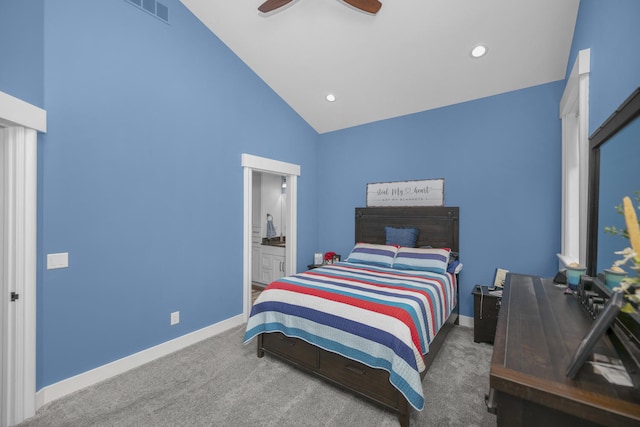 21373 Sail Bay Dr, Cassopolis, MI 49031 - carpeted bedroom with high vaulted ceiling, baseboards, recessed lighting, connected bathroom, and a ceiling fan